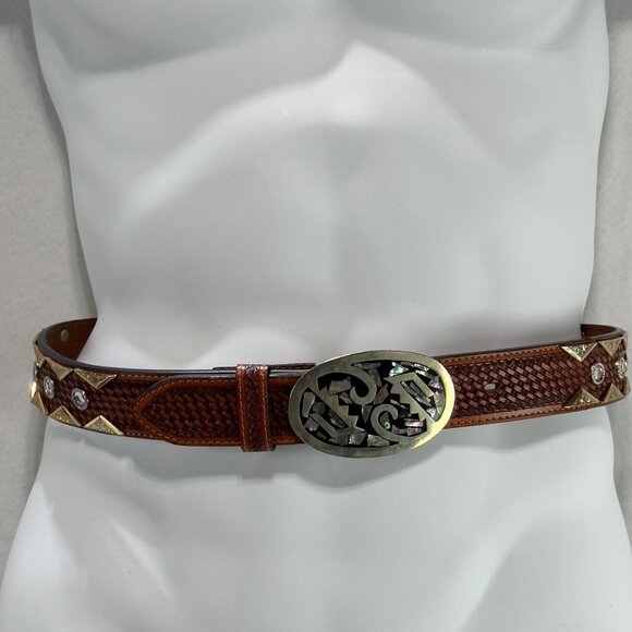 DDD 3D Handtooled Leather Belt Abalone Inlay Buckle &  Rhinestones Size 30 Brown - Picture 1 of 11